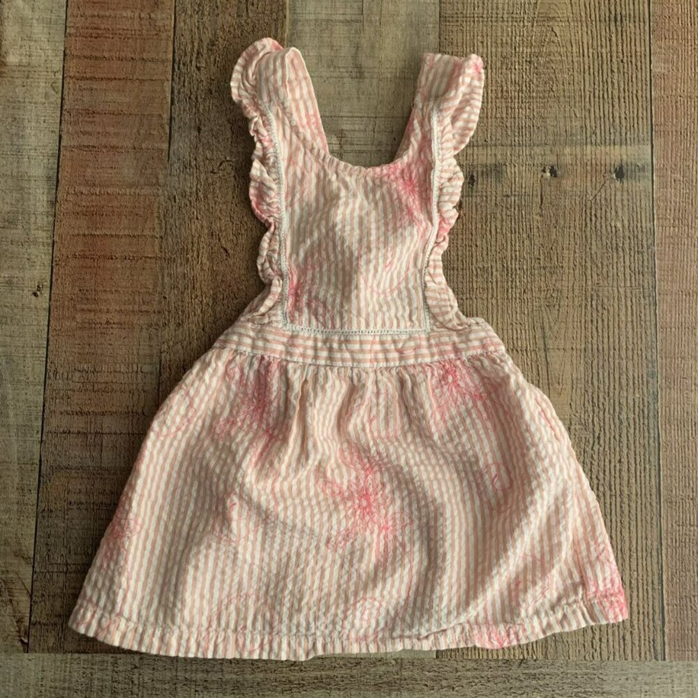 Zara Baby Girls Size 12/18 months Pink And White Seersucker Striped Apron Dress